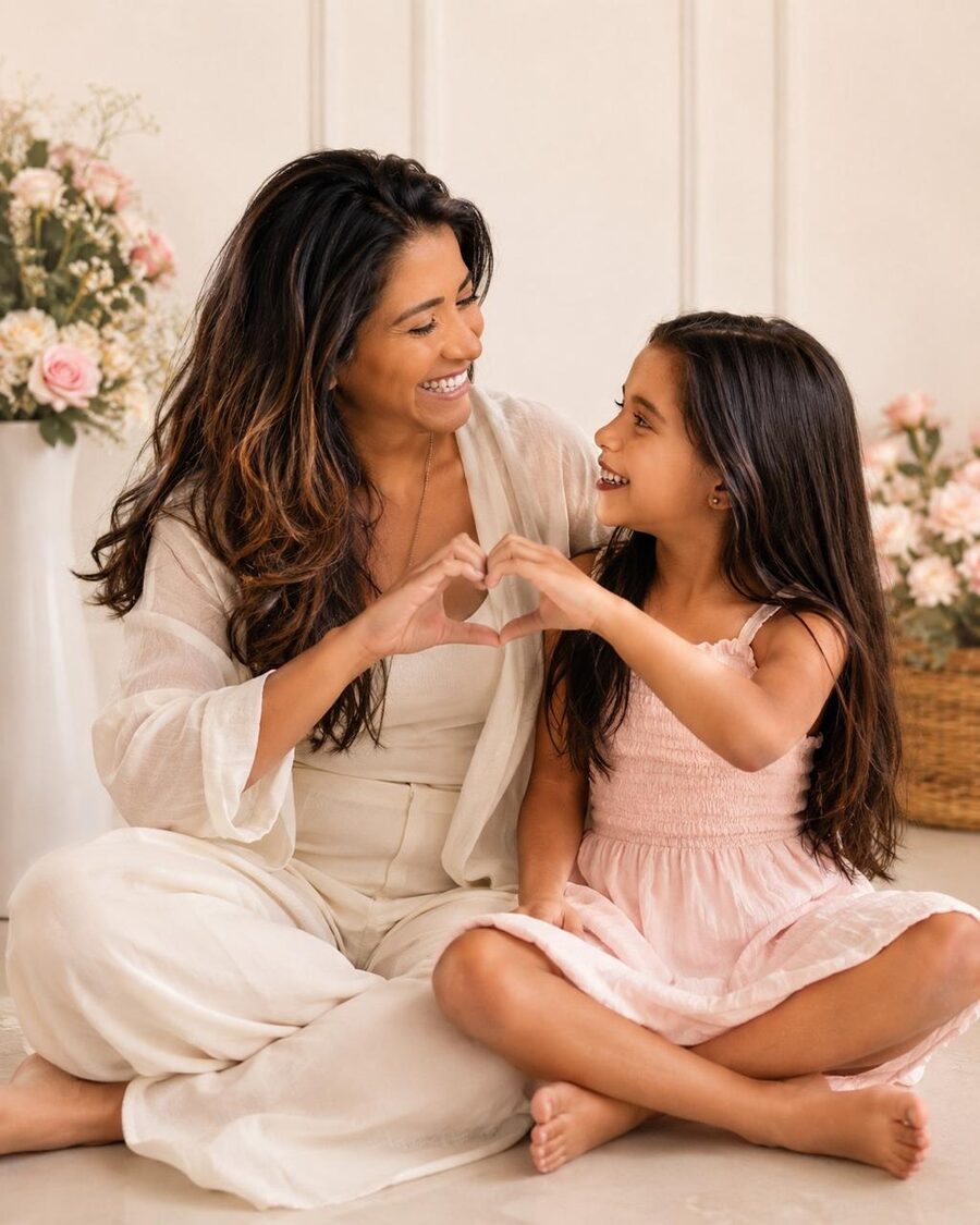 Mãe e filha formando um coração com as mãos